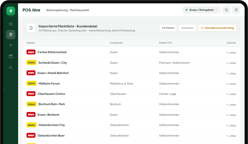 POS-i Marktauswahl: importierte Kundenliste, 34 Märkte unsortiert und ohne Bewertung